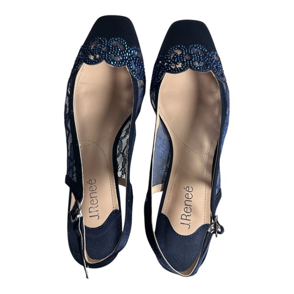 J.Renee Faleece Blue Satin Lace Rhinestone Slingback Heels Size 12 - Picture 6 of 11